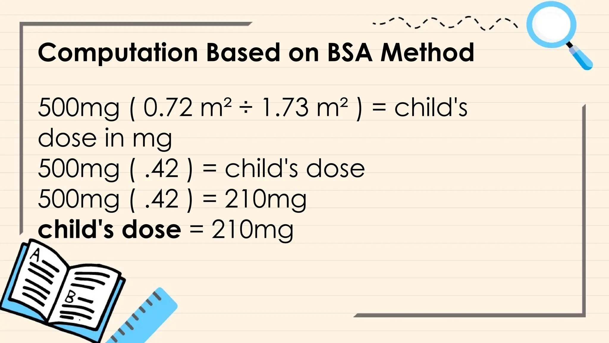 Computation Based on BSA Method
500mg ( 0.72 m² ÷ 1.73 m² ) = child's
dose in mg
500mg ( .42 ) = child's dose
500mg ( .42 ) = 210mg
child's dose = 210mg
 