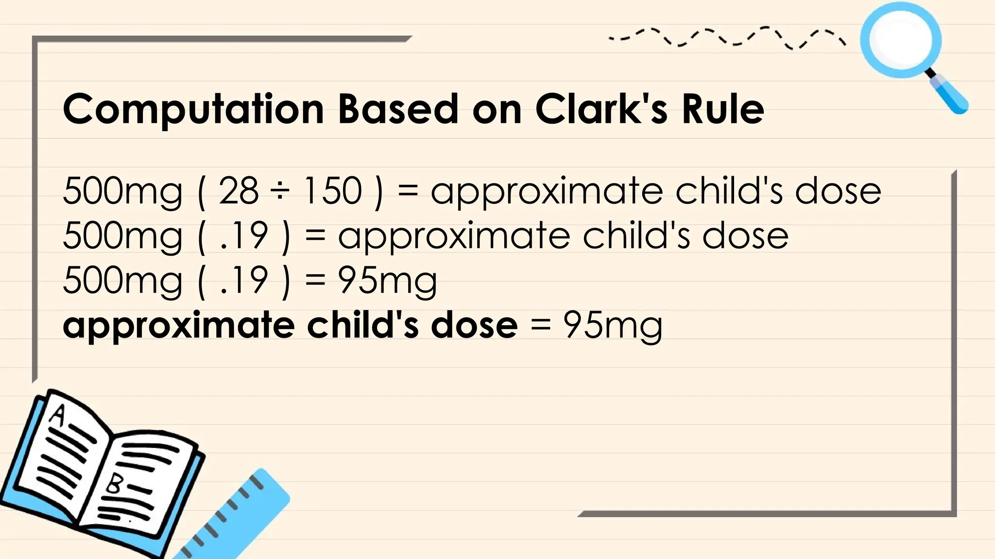 Computation Based on Clark's Rule
500mg ( 28 ÷ 150 ) = approximate child's dose
500mg ( .19 ) = approximate child's dose
500mg ( .19 ) = 95mg
approximate child's dose = 95mg
 