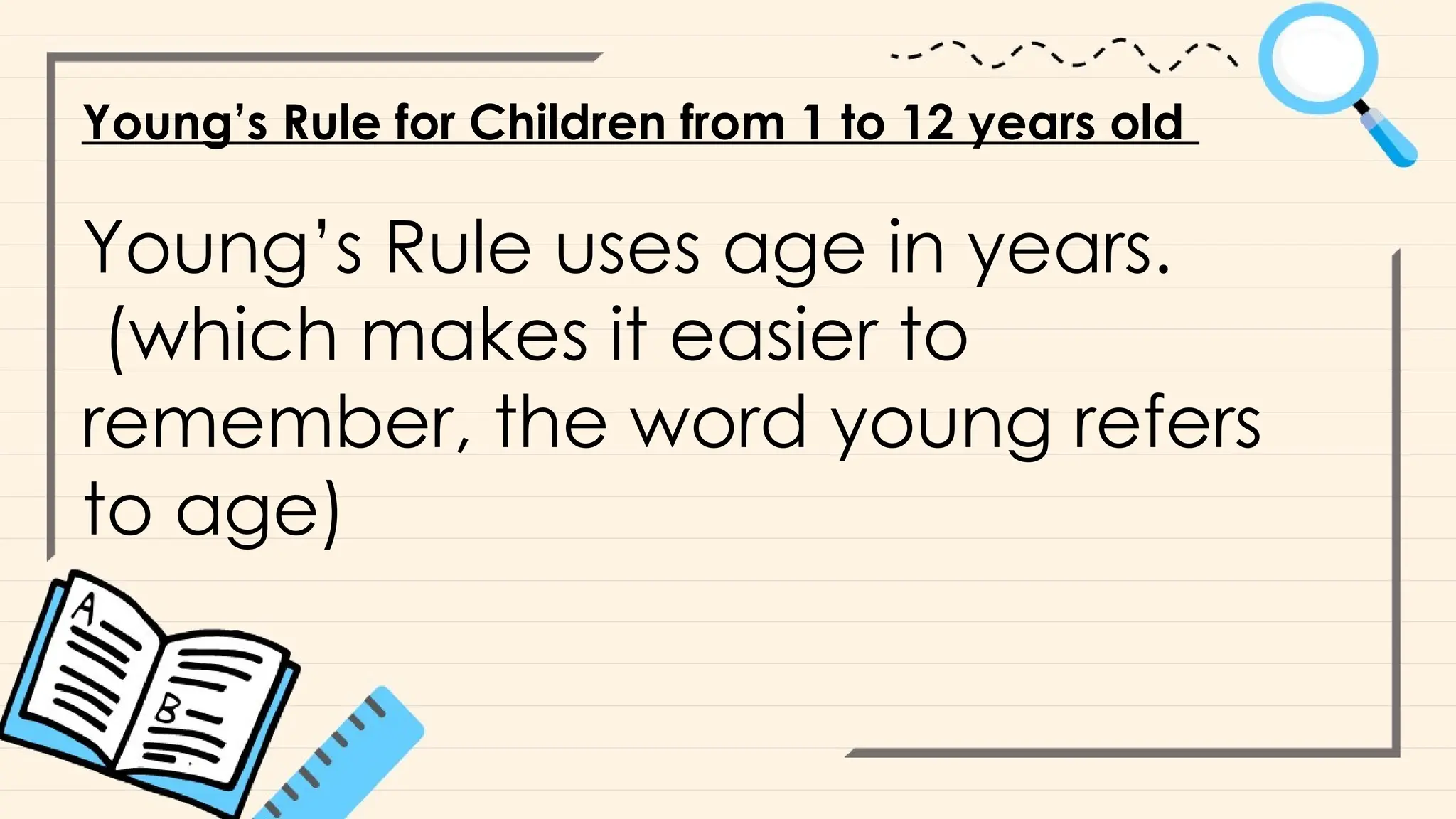 Young’s Rule for Children from 1 to 12 years old
Young’s Rule uses age in years.
(which makes it easier to
remember, the word young refers
to age)
 