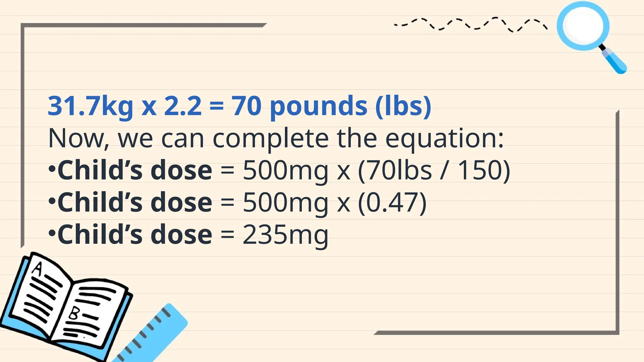 31.7kg x 2.2 = 70 pounds (lbs)
Now, we can complete the equation:
•Child’s dose = 500mg x (70lbs / 150)
•Child’s dose = 500mg x (0.47)
•Child’s dose = 235mg
 