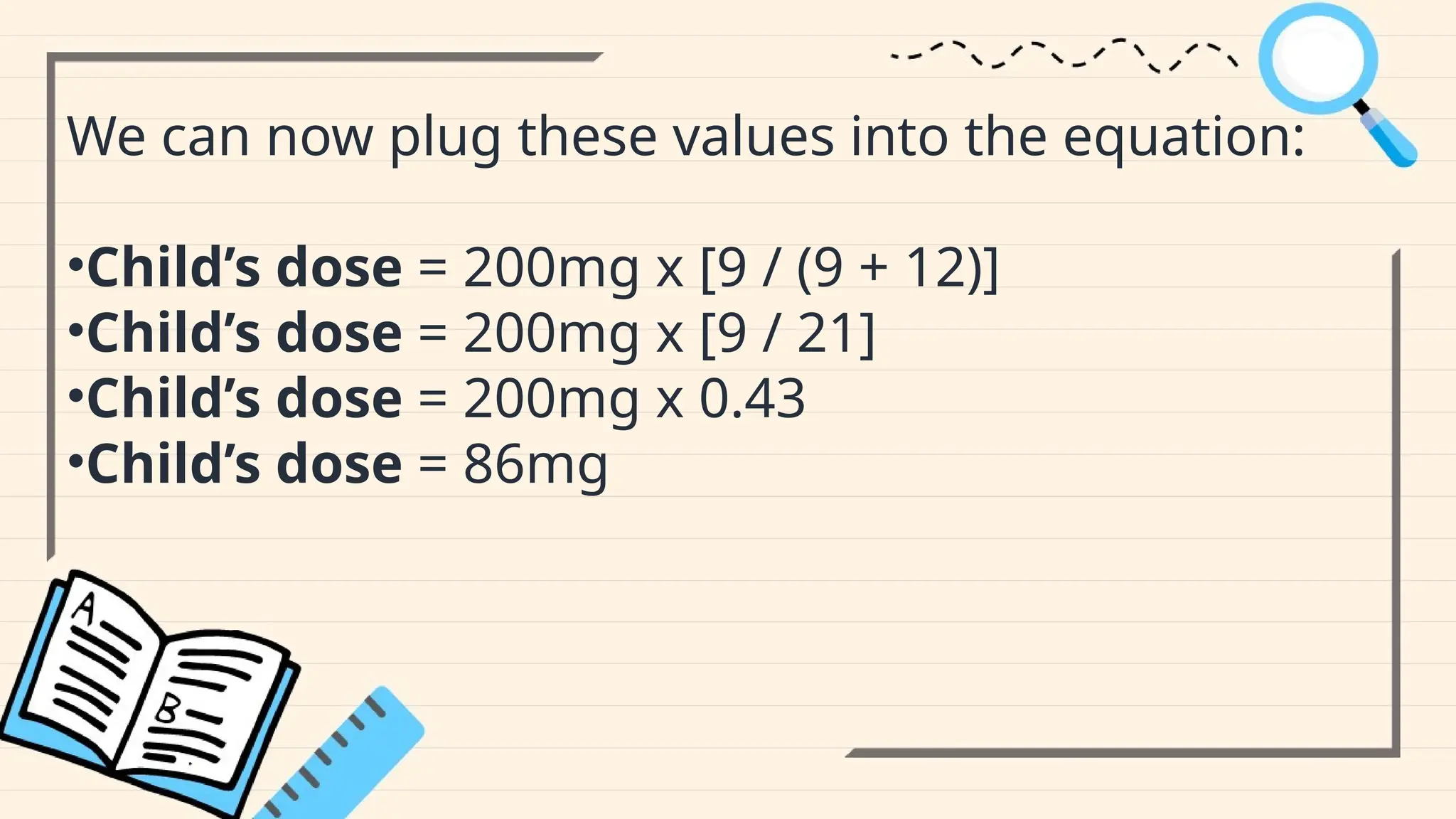 We can now plug these values into the equation:
•Child’s dose = 200mg x [9 / (9 + 12)]
•Child’s dose = 200mg x [9 / 21]
•Child’s dose = 200mg x 0.43
•Child’s dose = 86mg
 