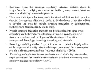 • However, when the sequence similarity between proteins drops to
insignificant level, relying on a sequence similarity alone cannot detect the
structural similarity between the proteins.
• Thus, new techniques that incorporate the structural features that cannot be
detected by sequence alignment needed to be developed . Intensive efforts
to develop the tools for protein structure prediction by computational
methods have produced many useful tools.
• Protein structure prediction methods can be classified into three types
depending on the homologous structures available from the existing
structural data base, and the degree of the structural information
incorporated: homology modeling, threading, and ab initio.
• Homology modeling method for protein structure prediction largely relies
on the sequence similarity between the target protein and the homologous
protein in the structure data base (sequence similarity > 30%).
• Threading method more focuses on the structural similarity between the
target protein and the template structure in the data base without sequence
similarity (sequence similarity < 30%).
4/6/2019 SRINIVAS COLLEGE OF PHARMACY 5
 