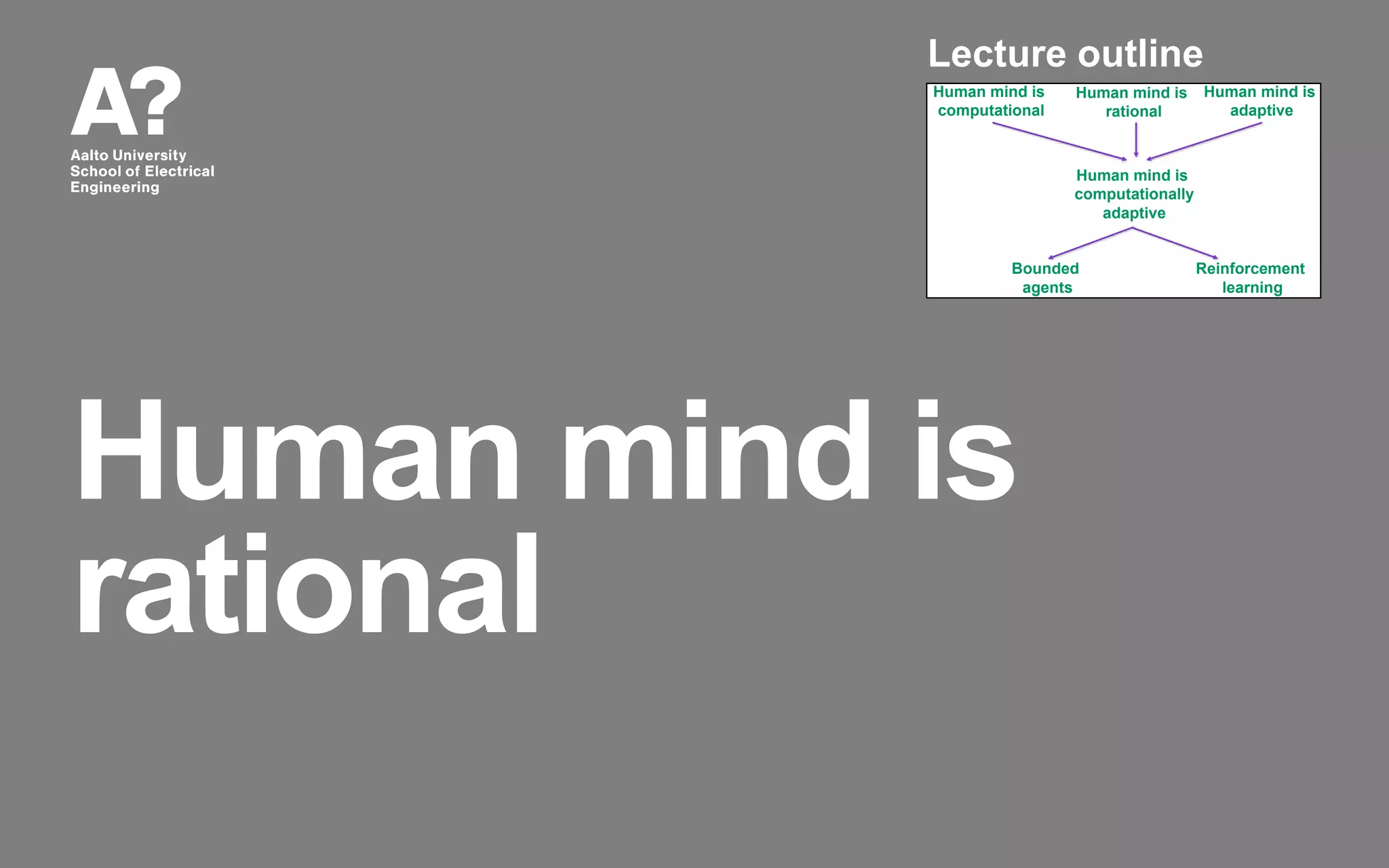 Human mind is
rational
Human mind is
computational
Human mind is
rational
Human mind is
computationally
adaptive
Bounded
agents
Reinforcement
learning
Human mind is
adaptive
Lecture outline
 