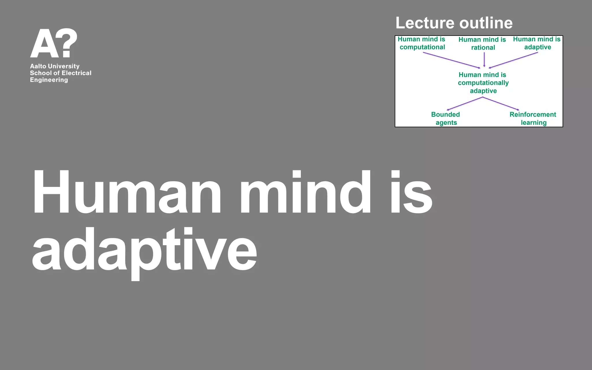 Human mind is
adaptive
Human mind is
computational
Human mind is
rational
Human mind is
computationally
adaptive
Bounded
agents
Reinforcement
learning
Human mind is
adaptive
Lecture outline
 