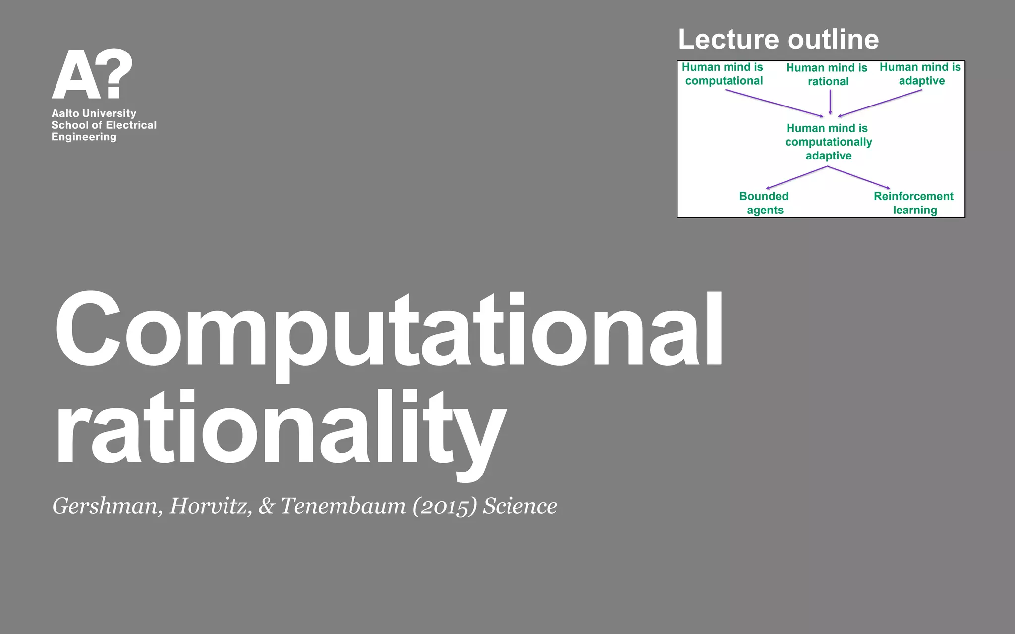 Computational
rationality
Gershman, Horvitz, & Tenembaum (2015) Science
Human mind is
computational
Human mind is
rational
Human mind is
computationally
adaptive
Bounded
agents
Reinforcement
learning
Human mind is
adaptive
Lecture outline
 