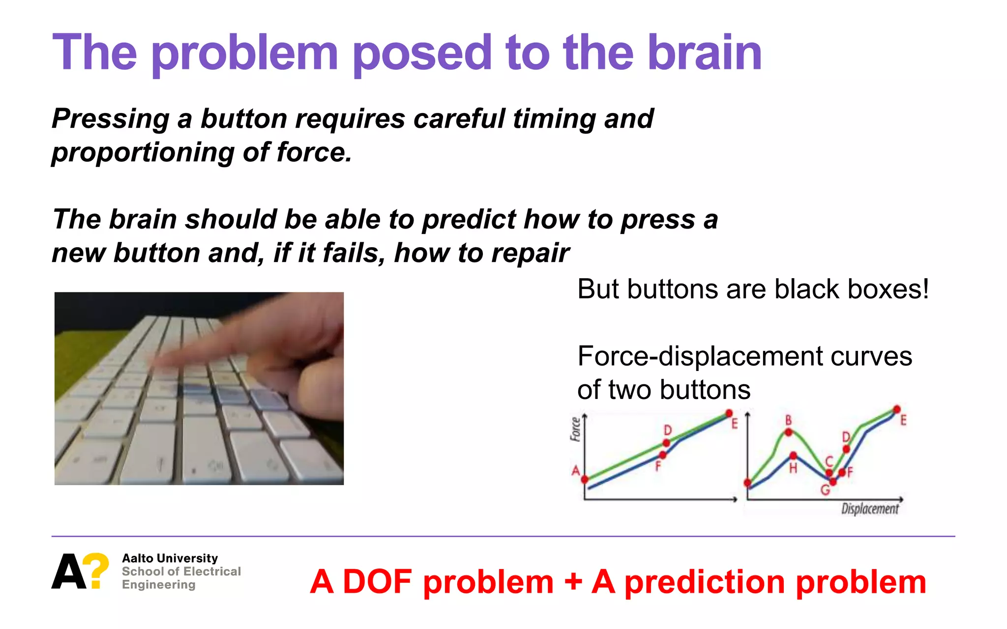 The problem posed to the brain
Pressing a button requires careful timing and
proportioning of force.
The brain should be able to predict how to press a
new button and, if it fails, how to repair
A DOF problem + A prediction problem
NEUROMECHANIC (written in SMALL CAPS to distinguish from
neuromechanics, thetheory) isacomputational implementa-
tion of these ideas. It can be used asa modeling workbench
for comparing button designs. Its predictions approach an
upper limit bounded by neural, physical, and physiological
factors. Simulating presseswith arangeof button types(linear,
tactile, touch, mid-air), we ﬁnd evidence for the optimality
assumption. Wereport simulation resultsfor (1) displacement–
velocity patterns, (2) temporal precision and success rate in
button activation, and (3) use of force, comparing with effects
reported in empirical studies [7, 33, 37, 40, 42, 47, 48, 53,
59, 61]. We show how the objective function can be tuned
to simulate a user prioritizing different task goals, such as
activation success, temporal precision, or ergonomics.
Whilethe model isan order of magnitude morecomplex than
thefamiliar approaches, it bears an important beneﬁt: parame-
ter settings arerobust over arangeof phenomena. Thesimula-
tionswerecarried out by changing physically andanatomically
determined parameters, whilekeeping other model parameters
ﬁxed without ﬁtting them to human data. We discuss future
work to extend theapproach to morecomplex domains.
PRELIMINARIES: PARAMETERS OF BUTTON DESIGN
We introduce key properties of three main types of buttons:
physical, touch, and mid-air. This serves as background for
mechanical modeling of buttons in NEUROMECHANIC. We
herefocus on design parameters and postpone discussion of
empirical ﬁndings on button-pressing to Simulations.
For thepurposes of this paper, wedeﬁneabutton asan elec-
tromechanical device that makes or breaks a signal when
pushed, then returns to itsinitial (or re-pushable) statewhen
released. It converts a continuous mechanical motion into a
discrete electric signal. Physical keyswitches and touch sen-
sors are common in modern systems. Physical dimensions
(width, slant, and key depth), materials (e.g., plastics), and
TACTILE PUSH-BUTTONS Tactileand “clicky” buttonsoffer more
points of interest (POIs), or changes during press-down and
release. F(B) is called actuation force, which is considered
the most important design parameter. dF(B − C)/F(B) is
called snap ratio and determines the intensity of tactile feel-
ing or ’bump’ of a button. A snap ratio greater than 40% is
recommended for astrong tactilefeeling by rubber-domeman-
ufacturing companies. Most POIsaretunable, yet somepoints
are dependent on other points. With some tactile buttons, a
distinct audible “click” sound may be generated, often near
the snap or makepoints.
TOUCH BUTTONS Touch buttonscan beconsidered azero-travel
button. Consequently, they show lower peak force than physi-
cal buttons do. Because of false activations, theﬁnger cannot
rest on the surface. Activation is triggered by thresholding
contact area of the pulp of theﬁnger on thesurface.
MID-AIR BUTTONS Mid-air buttonsarebased not on electrome-
chanical sensing but, for example, on computer vision or elec-
tromyographic sensing. Sincethey arecontactless, they do not
have a force curve. The point of activation is determined by
reference to angle at joint or distance traveled by the ﬁngertip.
Latency and inaccuracies in tracking are known issues with
mid-air buttons.
Figure2. Idealized force–displacement curvesfor linear (left) and tactile
(right) buttons. Green lines are press and blue lines are release curves.
Annotations (A–H) arecovered in thetext.
2
But buttons are black boxes!
Force-displacement curves
of two buttons
 