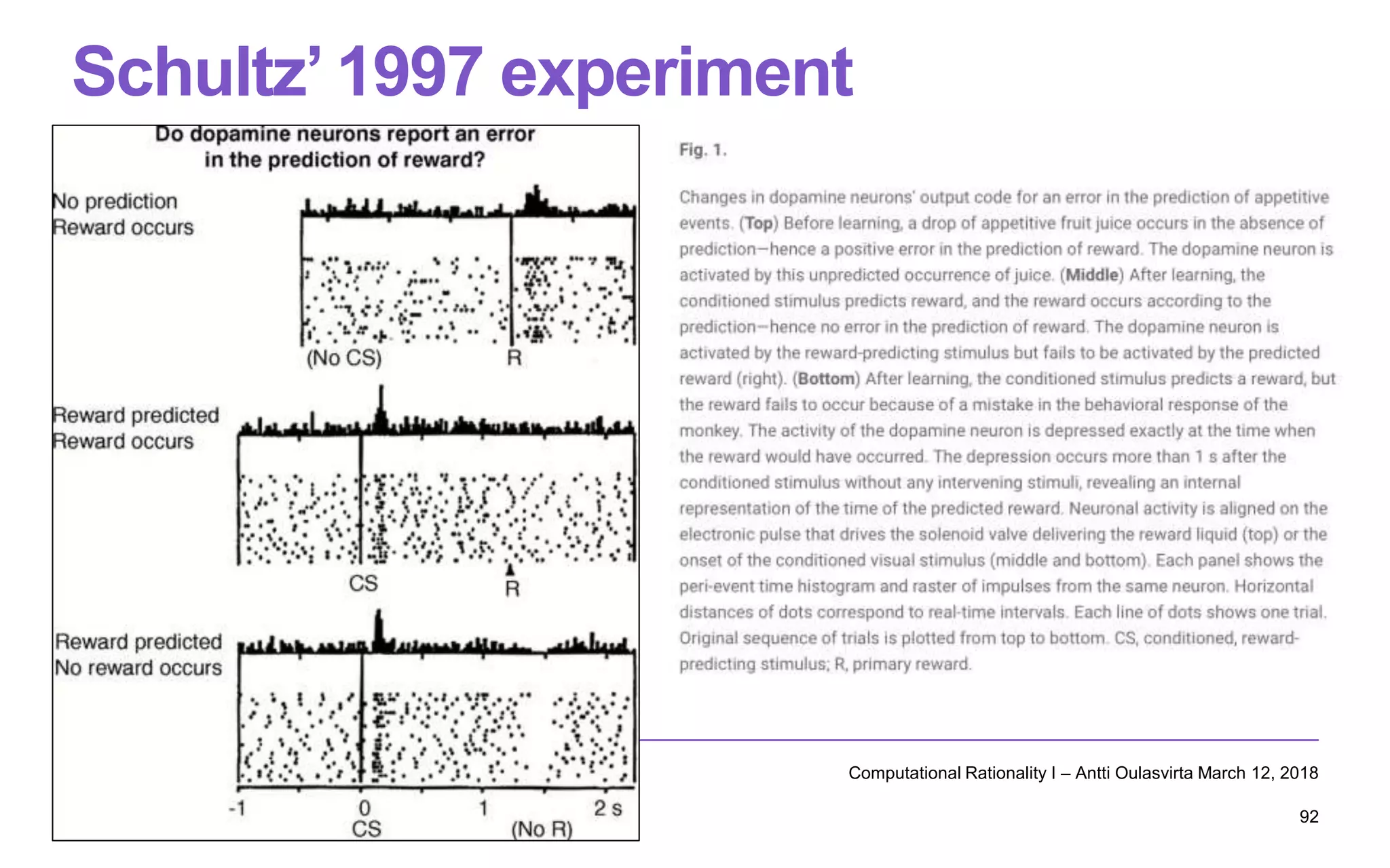 Schultz’ 1997 experiment
Computational Rationality I – Antti Oulasvirta March 12, 2018
92
 