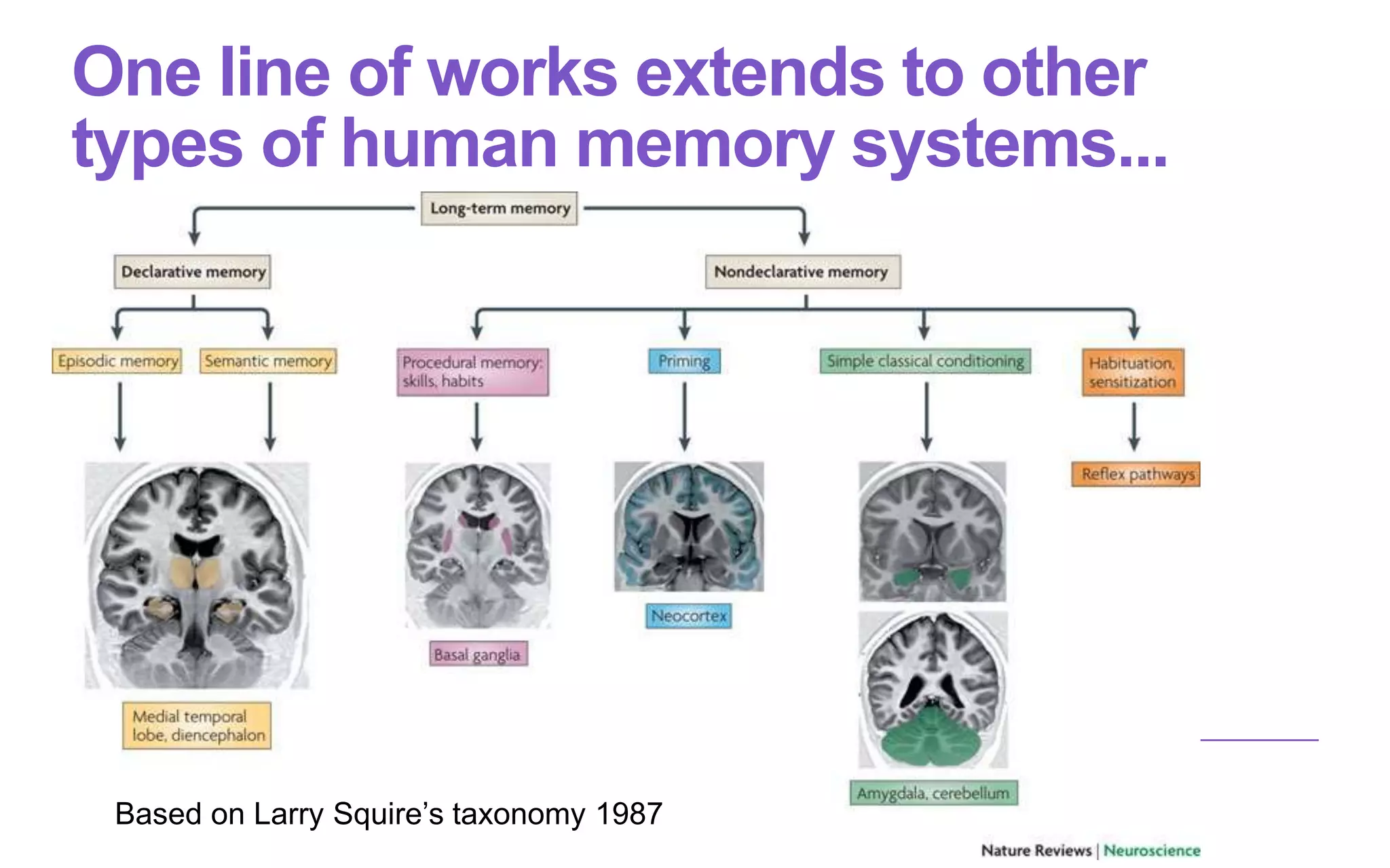 One line of works extends to other
types of human memory systems...
Based on Larry Squire’s taxonomy 1987
 