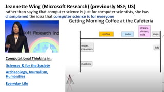 Computational Thinking in:
Everyday Life
Archaeology, Journalism,
Humanities
Jeannette Wing (Microsoft Research) (previously NSF, US)
rather than saying that computer science is just for computer scientists, she has
championed the idea that computer science is for everyone
Sciences & for the Society
 