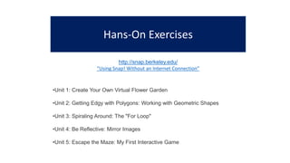Hans-On Exercises
•Unit 1: Create Your Own Virtual Flower Garden
•Unit 2: Getting Edgy with Polygons: Working with Geometric Shapes
•Unit 3: Spiraling Around: The "For Loop"
•Unit 4: Be Reflective: Mirror Images
•Unit 5: Escape the Maze: My First Interactive Game
http://snap.berkeley.edu/
“Using Snap! Without an Internet Connection”
 