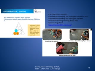 Computational Thinking & Math,
Tadris Matematika IAIN Salatiga
CTE STEM2021 – June 2021
Computational Thinking and Unplugged Activities in K-12
Computational Thinking and Unplugged Activities:
Localization Enabling Learning (Paper 76S)
Lakshmi Durga PETTA
https://cte-stem2021.nie.edu.sg/
18
 