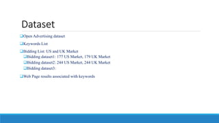 Dataset
Open Advertising dataset
Keywords List
Bidding List: US and UK Market
Bidding dataset1: 177 US Market, 179 UK Market
Bidding dataset2: 244 US Market, 244 UK Market
Bidding dataset3:
Web Page results associated with keywords
 
