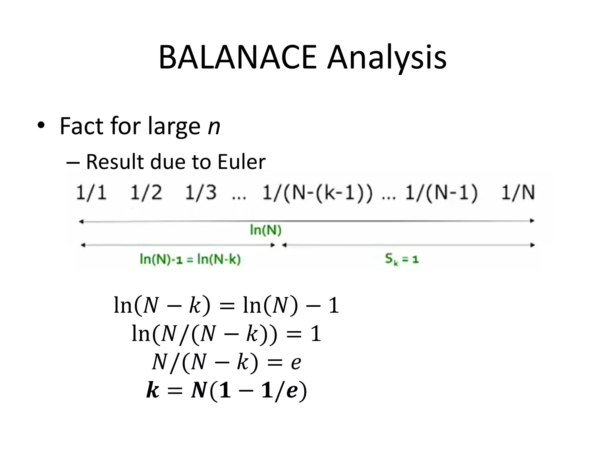 BALANACE Analysis
• Fact for large n
– Result due to Euler
ln 𝑁 − 𝑘 = ln 𝑁 − 1
ln(𝑁/(𝑁 − 𝑘)) = 1
𝑁/(𝑁 − 𝑘) = 𝑒
𝒌 = 𝑵(𝟏 − 𝟏/𝒆)
 