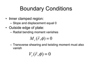 Boundary Conditions Inner clamped region: Slope and displacement equal 0 Outside edge of plate: Radial bending moment vanishes Transverse shearing and twisting moment must also vanish 