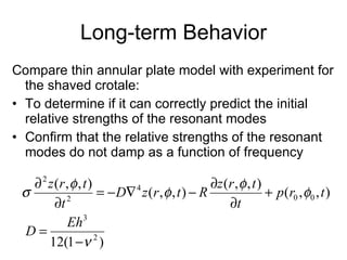 Long-term Behavior Compare thin annular plate model with experiment for the shaved crotale: To determine if it can correctly predict the initial relative strengths of the resonant modes Confirm that the relative strengths of the resonant modes do not damp as a function of frequency 