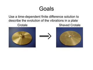 Goals Crotale Shaved Crotale Use a time-dependent finite difference solution to describe the evolution of the vibrations in a plate 