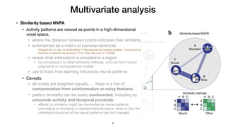 Multivariate analysis
• Similarity based MVPA
• Activity patterns are viewed as points in a high-dimensional
voxel space,

• where the distance between points indicates their similarity

• summarized as a matrix of pairwise distances

Kriegeskorte, N., Mur, M. & Bandettini, P. Representational similarity analysis - connecting the
branches of systems neuroscience. Front. Syst. Neurosci. 2, 4 (2008).
• reveal what information is encoded in a region 

• by comparing it to other similarity matrices, such as from human
judgments or computational models

• use to track how learning inﬂuences neural patterns

• Caveats

• all voxels are weighted equally, … there is a risk of
contamination from uninformative or noisy features. 

• pattern similarity can be easily confounded, including by
univariate activity and temporal proximity

• eﬀects on similarity might be interpreted as neural patterns
converging or diverging in representational space, when in fact the
underlying structure of the neural patterns has not changed.
!8
 