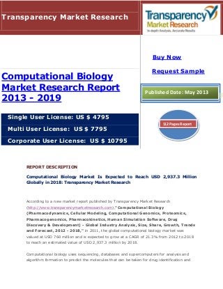 REPORT DESCRIPTION
Computational Biology Market Is Expected to Reach USD 2,937.3 Million
Globally in 2018: Transparency Market Research
According to a new market report published by Transparency Market Research
(http://www.transparencymarketresearch.com),"Computational Biology
(Pharmacodynamics, Cellular Modeling, Computational Genomics, Proteomics,
Pharmacogenomics, Pharmacokinetics, Human Simulation Software, Drug
Discovery & Development) - Global Industry Analysis, Size, Share, Growth, Trends
and Forecast, 2012 - 2018," in 2011, the global computational biology market was
valued at USD 760 million and is expected to grow at a CAGR of 21.3% from 2012 to 2018
to reach an estimated value of USD 2,937.3 million by 2018.
Computational biology uses sequencing, databases and supercomputers for analysis and
algorithm formation to predict the molecules that can be taken for drug identification and
Transparency Market Research
Computational Biology
Market Research Report
2013 - 2019
Single User License: US $ 4795
Multi User License: US $ 7795
Corporate User License: US $ 10795
Buy Now
Request Sample
Published Date: May 2013
112 Pages Report
 