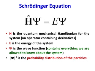 Schrödinger Equation
• H is the quantum mechanical Hamiltonian for the
system (an operator containing derivatives)
• E is the energy of the system
• Ψ is the wave function (contains everything we are
allowed to know about the system)
• |Ψ|2 is the probability distribution of the particles
 