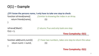 O(1) – Example
//If I know the persons name, I only have to take one step to check:
function isFriend(name){ //similar to knowing the index in an Array
return friends[name]; (1)
}
isFriend('Mark’) // returns True and only took one step
F(n) = 1;
________________________________________________________________________
function add(num1,num2){ // I have two numbers, takes one step to return the value
return num1 + num2; (1)
}
18
Time Complexity: O(1)
Time Complexity: O(1)
 