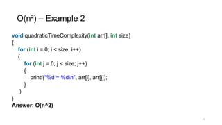 O(n²) – Example 2
void quadraticTimeComplexity(int arr[], int size)
{
for (int i = 0; i < size; i++)
{
for (int j = 0; j < size; j++)
{
printf("%d = %dn", arr[i], arr[j]);
}
}
}
Answer: O(n^2)
25
 
