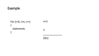 Example
For (i=0, i<n; i++)
{
statement;
}
n+1
n
_____________
O(n)
 