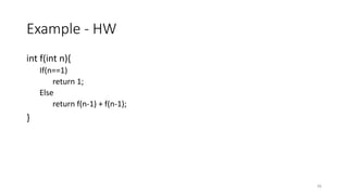 Example - HW
int f(int n){
If(n==1)
return 1;
Else
return f(n-1) + f(n-1);
}
36
 