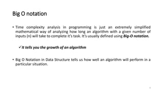 Big O notation
• Time complexity analysis in programming is just an extremely simplified
mathematical way of analyzing how long an algorithm with a given number of
inputs (n) will take to complete it’s task. It’s usually defined using Big-O notation.
It tells you the growth of an algorithm
• Big O Notation in Data Structure tells us how well an algorithm will perform in a
particular situation.
8
 