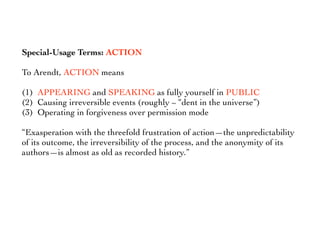 Special-Usage Terms: ACTION
To Arendt, ACTION means
(1) APPEARING and SPEAKING as fully yourself in PUBLIC
(2) Causing irreversible events (roughly ~ “dent in the universe”)
(3) Operating in forgiveness over permission mode
“Exasperation with the threefold frustration of action—the unpredictability
of its outcome, the irreversibility of the process, and the anonymity of its
authors—is almost as old as recorded history.”
 