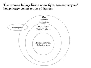 Real
Humans
Acting Man
Homo Faber
Maker/Producer
The nirvana fallacy lies in a too-tight, too convergent/
hedgehoggy construction of ‘human’
Animal Laborans
Laboring Man
Philosophers
 