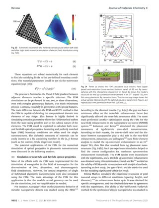 9802 | J. Mater. Chem. C, 2021, 9, 9791–9819 This journal is © The Royal Society of Chemistry 2021
r2
E + k2
E = 0 (8)
r2
H + k2
H = 0 (9)
These equations are solved numerically for each element
to find the satisfying fields in the pre-defined boundary condi-
tions. The material parameters could be set via the wavevector
equation (eqn (10)):
k2
(r) = o2
e(r)m(r)/c2
(10)
The process is finished as the H and E field gradient between
adjacent elements reaches a specific criterion. The FEM
simulation can be performed in one, two, or three dimensions,
even with complex geometrical features. The mesh refinement
process is critical, especially in geometries with special features.
The main diﬀerence between the FEM and FDTD method is that
the FEM is capable of dividing the computational domain into
elements of any shape. This feature is highly desired in
simulating complex geometries where the FDTD method suﬀers
from the stair-casing problem due to the cubical nature of the
elements. The FEM could be exploited to calculate both near-
and far-field optical properties. Scattering and perfectly matched
layer (PML) boundary conditions are often used for single
nanostructures. The dielectric constants of materials can be
easily inserted as a file containing numbers in the (x, y) format
(such as the Lorentz–Drude dispersion model).
The potential applications of the FEM for the numerical
simulation of optical properties in plasmonic nanostructures
were discussed in the following sections.
4-1 Simulation of near-field and far-field optical properties
Most of the eﬀorts with the FEM were implemented for the
simulation of waveguides in the field of nano-optics for the
determination of loss, dispersion, and electromagnetic
field distributions. However, the optical properties of single
or hybridized plasmonic nanostructures were also simulated
using the FEM. The main advantage of the FEM for this
application is that the model’s actual geometry can be used
for the simulation, and no simplification is needed.
For instance, nanogaps’ eﬀect on the plasmonic behavior of
metallic nanoparticle dimers was studied using the FEM.119
According to the obtained results (Fig. 14(a)), the gap size has a
minimum eﬀect on the near-field enhancement factor but
significantly aﬀected the near-field resonance shift. The same
team performed another optimization using the FEM for the
near-field enhancement in the nanoparticle-on-mirror (NPOM)
system.120
Rahaman and Kemp121
simulated the plasmonic
resonances of Ag-dielectric core–shell nanostructures.
According to their reports, the core-to-shell ratio and the dis-
tance between nanoparticles play a vital role in the near-field
enhancement. Johannsen and colleagues122
used finite element
analysis to model the up-conversion enhancement in an Er3+
doped TiO2 thin film that resulted from Ag plasmonic nano-
structures (Fig. 14(b)). Such pre-experiment simulation helped to
find the correct configuration for maximum up-conversion
enhancement numerically. The FEM results were inconsistent
with the experiments, and a 160-fold up-conversion enhancement
was obtained using this optimization. Grand and Ru123
worked on
the validity of FEM results in comparison with analytical methods.
According to their study, the type of PML and the mesh size used
for the modeling significantly affect the result.
Emma Marlow simulated the plasmonic resonance of gold
nanorod arrays in diﬀerent conditions (spacing, height, and
diameter).124
An enhancement factor up to 20 was obtained for
specific arrangements, and the obtained data were in agreement
with the experiments. The ability of the well-known Turkevich
method for the synthesis of alloyed nanoparticles was studied in
Fig. 13 Schematic illustration of a meshed nanostructure before (left side)
and after (right side) numerical simulation of electric field distribution using
the FEM.
Fig. 14 Panel (a) shows the FEM calculated local electric field (upper
panel) and extinction cross-section (bottom panel) of 60 nm Ag nano-
spheres with the interparticle distance of ‘g’. Panel (b) shows the model’s
structure for the up-conversion enhancement in an Er3+
doped TiO2 thin
film using plasmonic Ag nanostructures. The microscopy image shows the
actual sample fabricated with the optimal values of parameters. Figures are
reproduced with permission from ref. 119 and 121.
Review Journal of Materials Chemistry C
 