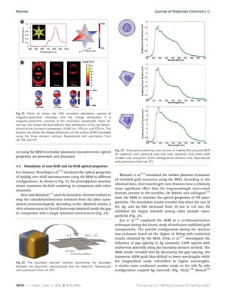 9808 | J. Mater. Chem. C, 2021, 9, 9791–9819 This journal is © The Royal Society of Chemistry 2021
on using the BEM to simulate plasmonic nanostructures’ optical
properties are presented and discussed.
5-1 Simulation of near-field and far-field optical properties
For instance, Womiloju et al.172
simulated the optical properties
of Au@Ag core–shell nanostructures using the BEM in different
configurations. As shown in Fig. 23, the prism@prism structure
shows maximum far-field scattering in comparison with other
structures.
Shiri and Akbarian173
used the boundary element method to
map the cathodoluminescence emission from the silver nano-
dimers (crescent-shaped). According to the obtained results, a
48% enhancement in Purcell factor was obtained inside the gap
in comparison with a single spherical nanocrescent (Fig. 24).
Mousavi et al.174
simulated the surface plasmon resonance
of wrinkled gold structures using the BEM. According to the
obtained data, short-wavelength nano features have a relatively
more significant eﬀect than the long-wavelength micro-sized
features present in the wrinkles. De Marchi and colleagues175
used the BEM to simulate the optical properties of Pd nano-
particles. The simulation results revealed that when the size of
Pd, Ag, and Au NPs increased from 30 nm to 120 nm, Pd
exhibited the largest red-shift among other metallic nano-
particles (Fig. 25).
Lyu et al.176
employed the BEM as a co-characterization
technique during the kinetic study of surfactant-stabilized gold
nanoparticles. The particle configuration during the reaction
was evaluated based on the degree of fitting with numerical
results obtained by the BEM. Fitria et al.177
investigated the
influence of gap spacing in Ag nanorods’ LSPR spectra with
end-to-end assembly using the boundary element method. The
BEM results revealed that by decreasing the gap spacing, the
transverse LSPR peak blue-shifted to lower wavelengths while
the longitudinal mode red-shifted to higher wavelengths.
A similar team conducted another study on the side by side
configuration coupled Ag nanorods (Fig. 26(a)).178
Ahmad179
Fig. 21 Panel (a) shows the FEM simulated absorption spectra of
magneto-plasmonic nanostars and the charge distribution in a
magneto-plasmonic nanostar at the resonance wavelength. Panel (b),
the top row shows the local electric field distribution of Au–Ag hetero-
dimers at the excitation wavelength of 660 nm, 470 nm, and 370 nm. The
bottom row shows the charge distribution on the surface of NPs simulated
using the finite element method. Reproduced with permission from
ref. 156 and 157.
Fig. 22 The boundary element method discretizing the boundary
between the plasmonic nanostructure and the dielectric. Reproduced
with permission from ref. 170.
Fig. 23 Calculated scattering cross-section of Au@Ag NPs using the BEM
for spherical core–spherical core (top row), spherical core–prism shell
(middle row), and prism–prism configurations (bottom row). Reproduced
with permission from ref. 172.
Review Journal of Materials Chemistry C
 