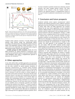This journal is © The Royal Society of Chemistry 2021 J. Mater. Chem. C, 2021, 9, 9791–9819 | 9811
localized surface plasmon resonance of Ag–Hg alloyed nano-
particles using electron energy loss spectroscopy (EELS).
According to the obtained data, the longitudinal dipole, transverse
dipole, and quadrupole resonance modes occurred at 1.77 eV,
2.8 eV, and 3.2 eV, respectively. The numerical studies using the
BEM showed similar results for the LSPR peaks.
Available packages for BEM simulation. Nearly all of the
BEM simulations for optical properties of plasmonic nano-
structures were performed using an open-source Matlab toolbox
called MNPBEM, which oﬀers a straightforward approach to
plasmonic NP simulation.190–192
6 Other approaches
So far, DDA, FDTD, FEM, and BEM approaches were presented
and discussed in this paper. It should be mentioned that there
are also other methods for optical property simulation of
plasmonic nanostructures; e.g. transition matrix (T-matrix)
and methods of moments (MoM), to name a few. The principle
of MoM as an integral equation model is based on the use of
Green’s functions to solve the surface or volume integrals on
the surface of the system of interest. This means that the entire
unknown volume is not taken into consideration and only the
induced sources on the boundary of the desired object are
studied. This methodology reduces the computation time and
is highly eﬃcient for scattering calculation in an anisotropic
nanostructure. However, for the cases where Green’s functions
are not available such as anisotropic materials and complex
problems this method is less eﬃcient.193
T-matrix is based on
the multipole expansions of the electromagnetic fields and was
originally developed for simple shapes such as homogeneous
spheroids.194
This method works eﬃciently for simulating the
light scattering from the aggregated spherical particles and it
has been extended to particles located near substrates, layered
particles, and other complex particle clusters. The main
drawback of this method is that the T-matrix method is
limited to the spherical systems. A comprehensive review on
the use of T-matrix in plasmonic nanostructures can be found
here.195
7 Conclusion and future prospects
Analytical methods cannot capture nanostructures’ optical
properties with arbitrary geometries; hence, diﬀerent numerical
approaches have been developed. In this review paper, the theory
of FDTD, DDA, FEM, and BEM approaches was revisited,
followed by the most recent applications of each simulation
method in diﬀerent fields. It is discussed how these simulation
methods could be implemented in the pre-design process of a
plasmon-enhanced solar-cell, photodynamic therapy, or SERS
detection. From a comparison point of view, accurate results can
be obtained from all of the mentioned methods if proper
boundary conditions and discretization are used. However, the
BEM has the advantages of being fast (less than 2 min for a
spherical nanoparticle), low computational cost, and low storage
demand even though the parametrization is complex in this
method. The DDA approach is also privileged from being
fast and simple. FEM and FDTD methods provide simple
implementation by an appropriate graphical user interface but
need a significant memory and time. As can be seen, all of these
methods have their advantages and limits, but they have solid
applications if used appropriately. Additional studies are
needed to overcome these limitations; for instance, in specific
geometries (with sharp edges), DDA does not converge, and the
BEM is suggested.196
Also, the DDA method’s involved parameters
may play a crucial role in the convergence of the results.
For example, appropriate dipole distance may overcome the
convergence issues,197
or correct crystallographic structures as
the input data198
may help obtain accurate results. Overall, the
simulation of plasmonic nanostructures’ optical properties opens
a new avenue for the accurate design of optoelectronic devices
with optimal properties. Another important issue in practical
application of computational electromagnetics is the non-ideal
factors such as non-periodicity, size distribution, and non-perfect
shapes. The final nanostructures received from a synthesis batch
are not necessarily mono-dispersed in size/shape, so this should
be considered for a perfect simulation of the system. One can
easily address these factors by considering a weighted-average
between the obtained results. For instance, the absorption
spectrum of a nanostructure system with the size distribution
can be modeled using a post-simulation weighted-average
between the obtained absorbance values of each size. This strategy
can be used in all of the discussed techniques; however, the
eﬃciency and computational time of each method should be
considered for such tasks. In this decade, plasmonic nanostructures
face emerging applications in diﬀerent optoelectronic devices;
hence the simulation studies will become the center of
attention. In order to compare the studied methods, the key
Fig. 27 Panel (a) shows the spherical, core–shell, and rod-shaped geo-
metries of metallic and dielectric nanostructures used for BEM simulations.
The spectra show the absorption coefficient of the blended plasmonic
nanofluid in comparison with the solar spectrum. Reproduced with per-
mission from ref. 188.
Journal of Materials Chemistry C Review
 