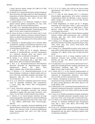 9816 | J. Mater. Chem. C, 2021, 9, 9791–9819 This journal is © The Royal Society of Chemistry 2021
J. Quant. Spectrosc. Radiat. Transfer, 2017, 199, 45–51, DOI:
10.1016/j.jqsrt.2017.05.003.
102 R. Sharma, et al., Numerical Simulation of Electromagnetic
Wave Interaction with Spheroidal Core–Shell Nanoparticle:
Dependence of Surface Plasmon Resonance on Core–Shell
Composition, Plasmonics, 2017, 13(1), 335–343, DOI:
10.1007/s11468-017-0518-0.
103 S. Catalan-Gomez, et al., Plasmonic coupling in closed-
packed ordered gallium nanoparticles, Sci. Rep., 2020,
10(1), 4187, DOI: 10.1038/s41598-020-61090-3.
104 N. Gordillo, et al., Spectrally broad plasmonic absorption
in Ga and In nanoparticle hybrids, Nanotechnology, 2019,
30(47), 475705, DOI: 10.1088/1361-6528/ab3c73.
105 M. Lemos de Souza, D. Pereira dos Santos and P. Corio,
Localized surface plasmon resonance enhanced photoca-
talysis: an experimental and theoretical mechanistic inves-
tigation, RSC Adv., 2018, 8(50), 28753–28762, DOI: 10.1039/
c8ra03919d.
106 V. Siahpoush, S. Ahmadi-kandjani and A. Nikniazi, Eﬀect
of plasmonic coupling on photothermal behavior of ran-
dom nanoparticles, Opt. Commun., 2018, 420, 52–58, DOI:
10.1016/j.optcom.2018.03.021.
107 D. Avs
-ar, H. Ertürk and M. P. Mengüç, Plasmonic
responses of metallic/dielectric core-shell nanoparticles
on a dielectric substrate, Mater. Res. Express, 2019,
6(6), 065006, DOI: 10.1088/2053-1591/ab07fd.
108 M. Honda, et al., Near-UV plasmon resonances for
enhanced TiO2 photocatalysis, Jpn. J. Appl. Phys., 2020,
59(4), 045001, DOI: 10.35848/1347-4065/ab809b.
109 T. Kim, et al., Nanoparticle-Enhanced Silver-Nanowire
Plasmonic Electrodes for High-Performance Organic
Optoelectronic Devices, Adv. Mater., 2018,
30(28), e1800659, DOI: 10.1002/adma.201800659.
110 J. P. McClure, et al., Plasmonic-Enhancement of the
Electro-Oxidation of Ethanol in Alkaline Media with Au–
Fe2O3 Thin Film, Embedded, Sandwich and Surface Con-
figurations, MRS Adv., 2017, 2(55), 3397–3402, DOI:
10.1557/adv.2017.381.
111 R. Lv, et al., Plasmonic modulated upconversion fluores-
cence by adjustable distributed gold nanoparticles,
J. Lumin., 2020, 220, 116974, DOI: 10.1016/j.jlumin.
2019.116974.
112 T. Dasri, Theoretical calculation of plasmonic enhance-
ment of silver nanosphere, nanocube, and nanorod
embedded in organic solar cells, Integr. Ferroelectr., 2016,
175(1), 176–185, DOI: 10.1080/10584587.2016.1204201.
113 C. Sartorio, et al., Donor–Acceptor Interfaces by Engi-
neered Nanoparticles Assemblies for Enhanced Efficiency
in Plastic Planar Heterojunction Solar Cells, J. Phys. Chem.
C, 2016, 120(47), 26588–26599, DOI: 10.1021/acs.jpcc.
6b07302.
114 G. Coletta and V. Amendola, Numerical Modelling of the
Optical Properties of Plasmonic and Latex Nanoparticles to
Improve the Detection Limit of Immuno-Turbidimetric
Assays, Nanomaterials, 2021, 11(5), 1147, DOI: 10.3390/
nano11051147.
115 B. T. D. S. P. J. Flatau, User Guide for the Discrete Dipole
Approximation Code DDSCAT 7.2, 2012, https://arxiv.org/
abs/1202.3424.
116 V. L. Y. Loke, M. Pinar Mengüç and T. A. Nieminen,
Discrete-dipole approximation with surface interaction:
Computational toolbox for MATLAB, J. Quant. Spectrosc.
Radiat. Transfer, 2011, 112(11), 1711–1725, DOI: 10.1016/
j.jqsrt.2011.03.012.
117 S. Talebi Moghaddam, H. Ertürk and M. P. Mengüç,
Enhancing local absorption within a gold nano-sphere
on a dielectric surface under an AFM probe, J. Quant.
Spectrosc. Radiat. Transfer, 2016, 178, 124–133, DOI:
10.1016/j.jqsrt.2016.02.011.
118 Z. R. Fathi, M. P. Menguc and H. Erturk, Plasmon coupling
between complex gold nanostructures and a dielectric
substrate, Appl. Opt., 2018, 57(30), 8954–8963, DOI:
10.1364/AO.57.008954.
119 Y. Huang, et al., Nanogap eﬀects on near- and far-field
plasmonic behaviors of metallic nanoparticle dimers, Phys.
Chem. Chem. Phys., 2015, 17(43), 29293–29298, DOI:
10.1039/c5cp04460j.
120 Y. Huang, et al., Nanoparticle-on-mirror cavity modes for
huge and/or tunable plasmonic field enhancement, Nano-
technology, 2017, 28(10), 105203, DOI: 10.1088/1361-6528/
aa5b27.
121 M. H. Rahaman and B. A. Kemp, Analytical model of
plasmonic resonance from multiple core-shell nano-
particles, Opt. Eng., 2017, 56(12), 121903, DOI: 10.1117/
1.Oe.56.12.121903.
122 S. R. Johannsen, et al., Up-conversion enhancement in Er3+
doped TiO2 through plasmonic coupling: experiments and
finite-element modeling, Appl. Phys. Lett., 2015,
106(5), 053101, DOI: 10.1063/1.4907415.
123 J. Grand and E. C. Le Ru, Practical Implementation of
Accurate Finite-Element Calculations for Electromagnetic
Scattering by Nanoparticles, Plasmonics, 2019, 15(1),
109–121, DOI: 10.1007/s11468-019-01014-8.
124 E. Marlow, Investigating the plasmonic behaviour of gold
nanostructured arrays with finite element method modelling
for optical sensing applications, PhD thesis, Queen’s Uni-
versity Belfast, 2020.
125 N. Blommaerts, et al., Unraveling Structural Information of
Turkevich Synthesized Plasmonic Gold–Silver Bimetallic
Nanoparticles, Small, 2019, 15(42), 1902791, DOI: 10.1002/
smll.201902791.
126 T. Cesca, et al., Nonlinear absorption tuning by composition
control in bimetallic plasmonic nanoprism arrays, Nano-
scale, 2015, 7(29), 12411–12418, DOI: 10.1039/c5nr01715g.
127 S. P. Tiwari, et al., LSPR-mediated improved upconversion
emission on randomly distributed gold nanoparticles
array, New J. Chem., 2020, 44(45), 19672–19682, DOI:
10.1039/c9nj06471k.
128 W. Ali, et al., All-Solution-Processed Ultrahigh Broadband
and Wide-Angle Perfect Absorber Based on Mxene–Gold
Nanoparticles, Adv. Opt. Mater., 2020, 8(21), 2000447, DOI:
10.1002/adom.202000447.
Review Journal of Materials Chemistry C
 