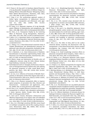 This journal is © The Royal Society of Chemistry 2021 J. Mater. Chem. C, 2021, 9, 9791–9819 | 9817
129 P. Tiwari, G. M. Das and V. R. Dantham, Optical Properties
of Au-Ag Bimetallic Nanoparticles of Diﬀerent Shapes for
Making Eﬃcient Bimetallic-Photonic Whispering Gallery
Mode Hybrid Microresonators, Plasmonics, 2020, 15(5),
1251–1260, DOI: 10.1007/s11468-020-01141-7.
130 T. Xing, et al., The synthesizing approach analysis of
hollow Ag/Au nanoparticles in replacement reaction
between silver nanoparticle and chloroauric acid, Appl.
Surf. Sci., 2020, 513, 145809, DOI: 10.1016/
j.apsusc.2020.145809.
131 M. Liang, et al., Plasmonic responses of Cu–Ag bimetallic
system: Influence of distinctiveness and arrangements, Opt.
Mater., 2020, 100, 109655, DOI: 10.1016/j.optmat.2020.109655.
132 M. Chen, et al., Transparent Display by the Scattering
Eﬀect of Plasmonic Au–Ag Nanoparticles, Plasmonics,
2020, 15(6), 1855–1861, DOI: 10.1007/s11468-020-01194-8.
133 İ. S
- eker, et al., A Systematic Study on Au-Capped Si Nano-
whiskers for Size-Dependent Improved Biosensing Appli-
cations, Plasmonics, 2020, 15(6), 1739–1745, DOI: 10.1007/
s11468-020-01195-7.
134 J. J. Zhang, et al., A three-dimensional numerical study of
coupled photothermal and photoelectrical processes for
plasmonic solar cells with nanoparticles, Renewable Energy,
2021, 165, 278–287, DOI: 10.1016/j.renene.2020.11.010.
135 M. A. Masharin, et al., Giant Enhancement of Radiative
Recombination in Perovskite Light-Emitting Diodes with
Plasmonic Core–Shell Nanoparticles, Nanomaterials, 2021,
11(1), 45, DOI: 10.3390/nano11010045.
136 M. Jabeen, Design and Optimization of thin-film solar cell
configuration structures using the Finite Element Method,
Royal Holloway, University of London, 2020.
137 Sachchidanand and D. P. Samajdar, Performance enhance-
ment of Nanopyramid based Si hybrid solar cells utilizing
the plasmonic properties of oxide coated Metal Nano-
particles, Opt. Mater., 2020, 107, 110166, DOI: 10.1016/
j.optmat.2020.110166.
138 L. Q. Cao, et al., Influence of Geometry of Metallic Nano-
particles on Absorption of Thin-Film Organic Solar Cells: A
Critical Examination, IEEE Access, 2020, 8, 145950–145959,
DOI: 10.1109/access.2020.3014817.
139 Y. Chen, et al., Plasmon nanoparticle eﬀect to improve
optical properties of perovskite thin film, Photonics and
Nanostructures - Fundamentals and Applications, 2021,
43, 100888, DOI: 10.1016/j.photonics.2020.100888.
140 M. Chen, et al., Coupled plasmon resonances of Au thorn
nanoparticles to enhance solar absorption performance,
J. Quant. Spectrosc. Radiat. Transfer, 2020, 250, 107029,
DOI: 10.1016/j.jqsrt.2020.107029.
141 K. Zarei and F. Emami, Absorption enhancement and
eﬃciency improvement of an organic solar cell embedded
with core–shell Au@ITO nanoparticles, Opt. Quantum Elec-
tron., 2020, 52(6), 275, DOI: 10.1007/s11082-020-02401-w.
142 F. Xia, et al., Ultra-high sensitivity SPR fiber sensor based
on multilayer nanoparticle and Au film coupling enhance-
ment, Measurement, 2020, 164, 108083, DOI: 10.1016/
j.measurement.2020.108083.
143 L. Yuan, et al., Morphology-Dependent Reactivity of a
Plasmonic Photocatalyst, ACS Nano, 2020, 14(9),
12054–12063, DOI: 10.1021/acsnano.0c05383.
144 S. Scarano, et al., Nano structures and polymers: Emerging
nanocomposites for plasmonic resonance transducers,
Thin Solid Films, 2020, 698, 137859, DOI: 10.1016/
j.tsf.2020.137859.
145 Z. Xie, et al., TiO2 nanorod arrays decorated with Au
nanoparticles as sensitive and recyclable SERS substrates,
J. Alloys Compd., 2021, 861, 157999, DOI: 10.1016/
j.jallcom.2020.157999.
146 B. Tian, Y. Wu and G. Lu, Metal-free plasmonic boron
phosphide/graphitic carbon nitride with core–shell struc-
ture photocatalysts for overall water splitting, Appl. Catal.,
B, 2021, 280, 119410, DOI: 10.1016/j.apcatb.2020.119410.
147 Y. C. Chau, et al., Simultaneous realization of high sensing
sensitivity and tunability in plasmonic nanostructures
arrays, Sci. Rep., 2017, 7(1), 16817, DOI: 10.1038/s41598-
017-17024-7.
148 Y. Wei, et al., The eﬀect of silica shell on the surface
enhanced Raman scattering and fluorescence with Ag
nanoparticles: a three-dimensional finite element method
investigation, Opt. Commun., 2018, 427, 426–432, DOI:
10.1016/j.optcom.2018.06.086.
149 Y. Huang, et al., Small morphology variations eﬀects on
plasmonic nanoparticle dimer hotspots, J. Mater. Chem. C,
2018, 6(36), 9607–9614, DOI: 10.1039/c8tc03556c.
150 M. R. Hasan, et al., Plasmonic Refractive Index Sensor
Employing Niobium Nanofilm on Photonic Crystal Fiber,
IEEE Photonics Technol. Lett., 2018, 30(4), 315–318, DOI:
10.1109/lpt.2017.2786475.
151 J. G. Ovejero, et al., Hybrid nanoparticles for magnetic and
plasmonic hyperthermia, Phys. Chem. Chem. Phys., 2018,
20(37), 24065–24073, DOI: 10.1039/c8cp02513d.
152 S. Manrique-Bedoya, et al., Multiphysics Modeling of Plas-
monic Photothermal Heating Eﬀects in Gold Nano-
particles and Nanoparticle Arrays, J. Phys. Chem. C, 2020,
124(31), 17172–17182, DOI: 10.1021/acs.jpcc.0c02443.
153 O. Elhoussaine, E. Abdelaziz, M. Hicham and B. Abdenbi,
Plasmonic Nanorods investigating for cancer cell imaging and
photothermal therapy, 2020, pp. 1–4, DOI: 10.1109/
IRASET48871.2020.9092075.
154 H. Nie, et al., Two-dimensional Au  Ag hybrid plasmonic
nanoparticle network: broadband nonlinear optical response
and applications for pulsed laser generation, Nanophotonics,
2020, 9(8), 2537–2548, DOI: 10.1515/nanoph-2020-0097.
155 P. Xu, et al., Eﬃcient Hydrolysis of Ammonia Borane for
Hydrogen Evolution Catalyzed by Plasmonic Ag@Pd Core–
Shell Nanocubes, ACS Sustainable Chem. Eng., 2020, 8(33),
12366–12377, DOI: 10.1021/acssuschemeng.0c02276.
156 A. Tomitaka, et al., Magneto-plasmonic nanostars for
image-guided and NIR-triggered drug delivery, Sci. Rep.,
2020, 10(1), 10115, DOI: 10.1038/s41598-020-66706-2.
157 D. T. Debu, et al., Broad range electric field enhancement
of a plasmonic nanosphere heterodimer, Opt. Mater.
Express, 2020, 10(7), 1704–1713, DOI: 10.1364/ome.396449.
Journal of Materials Chemistry C Review
 