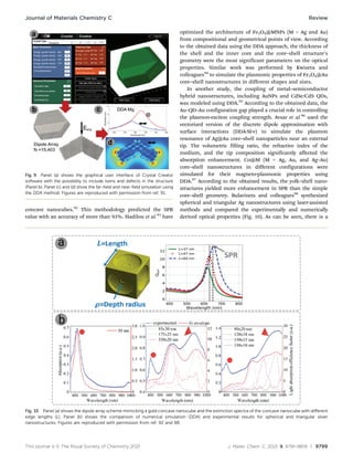 This journal is © The Royal Society of Chemistry 2021 J. Mater. Chem. C, 2021, 9, 9791–9819 | 9799
concave nanocubes.92
This methodology predicted the SPR
value with an accuracy of more than 93%. Hadilou et al.93
have
optimized the architecture of Fe3O4@MNPs (M = Ag and Au)
from compositional and geometrical points of view. According
to the obtained data using the DDA approach, the thickness of
the shell and the inner core and the core–shell structure’s
geometry were the most significant parameters on the optical
properties. Similar work was performed by Kwizera and
colleagues94
to simulate the plasmonic properties of Fe3O4@Au
core–shell nanostructures in different shapes and sizes.
In another study, the coupling of metal–semiconductor
hybrid nanostructures, including AuNPs and CdSe/CdS QDs,
was modeled using DDA.95
According to the obtained data, the
Au–QD–Au configuration gap played a crucial role in controlling
the plasmon-exciton coupling strength. Avsar et al.96
used the
vectorized version of the discrete dipole approximation with
surface interactions (DDA-SI-v) to simulate the plasmon
resonance of Ag@Au core–shell nanoparticles near an external
tip. The volumetric filling ratio, the refractive index of the
medium, and the tip composition significantly affected the
absorption enhancement. Co@M (M = Ag, Au, and Ag–Au)
core–shell nanostructures in different configurations were
simulated for their magneto-plasmonic properties using
DDA.97
According to the obtained results, the yolk–shell nano-
structures yielded more enhancement in SPR than the simple
core–shell geometry. Bulavinets and colleagues98
synthesized
spherical and triangular Ag nanostructures using laser-assisted
methods and compared the experimentally and numerically
derived optical properties (Fig. 10). As can be seen, there is a
Fig. 9 Panel (a) shows the graphical user interface of Crystal Creator
software with the possibility to include twins and defects in the structure
(Panel b). Panel (c) and (d) show the far-field and near-field simulation using
the DDA method. Figures are reproduced with permission from ref. 91.
Fig. 10 Panel (a) shows the dipole array scheme mimicking a gold concave nanocube and the extinction spectra of the concave nanocube with diﬀerent
edge lengths (L). Panel (b) shows the comparison of numerical simulation (DDA) and experimental results for spherical and triangular silver
nanostructures. Figures are reproduced with permission from ref. 92 and 98.
Journal of Materials Chemistry C Review
 