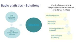 Basic statistics - Solutions
New
statistical
thinking
New
computational
methods
Solutions
variable selection
dimension
reduction
new regularization
methods
independence
screening
the development of new
computational infrastructure and
data storage methods
 