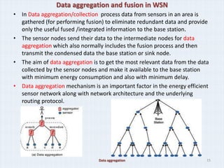 Data aggregation and fusion in WSN
• In Data aggregation/collection process data from sensors in an area is
  gathered (for performing fusion) to eliminate redundant data and provide
  only the useful fused /integrated information to the base station.
• The sensor nodes send their data to the intermediate nodes for data
  aggregation which also normally includes the fusion process and then
  transmit the condensed data the base station or sink node.
• The aim of data aggregation is to get the most relevant data from the data
  collected by the sensor nodes and make it available to the base station
  with minimum energy consumption and also with minimum delay.
• Data aggregation mechanism is an important factor in the energy efficient
  sensor network along with network architecture and the underlying
  routing protocol.




                                 Data aggregation                          15
 