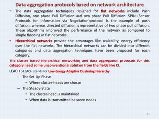 Data aggregation protocols based on network architecture
•   The data aggregation techniques designed for flat networks include Push
    Diffusion, one phase Pull Diffusion and two phase Pull Diffusion. SPIN (Sensor
    Protocols for Information via Negotiation)protocol is the example of push
    diffusion, whereas directed diffusion is representative of two phase pull diffusion.
    These algorithms improved the performance of the network as compared to
    simple flooding in flat networks.
• Hierarchical networks provide the advantages like scalability, energy efficiency
    over the flat networks. The hierarchical networks can be divided into different
    categories and data aggregation techniques have been proposed for each
    category.
The cluster based hierarchical networking and data aggregation protocols for this
category need some unconventional solution from the fields like CI.
LEACH :-LEACH stands for Low-Energy Adaptive Clustering Hierarchy
     – The Set-Up Phase
           • Where cluster-heads are chosen
     – The Steady-State
           • The cluster-head is maintained
           • When data is transmitted between nodes


                                                                                      21
 