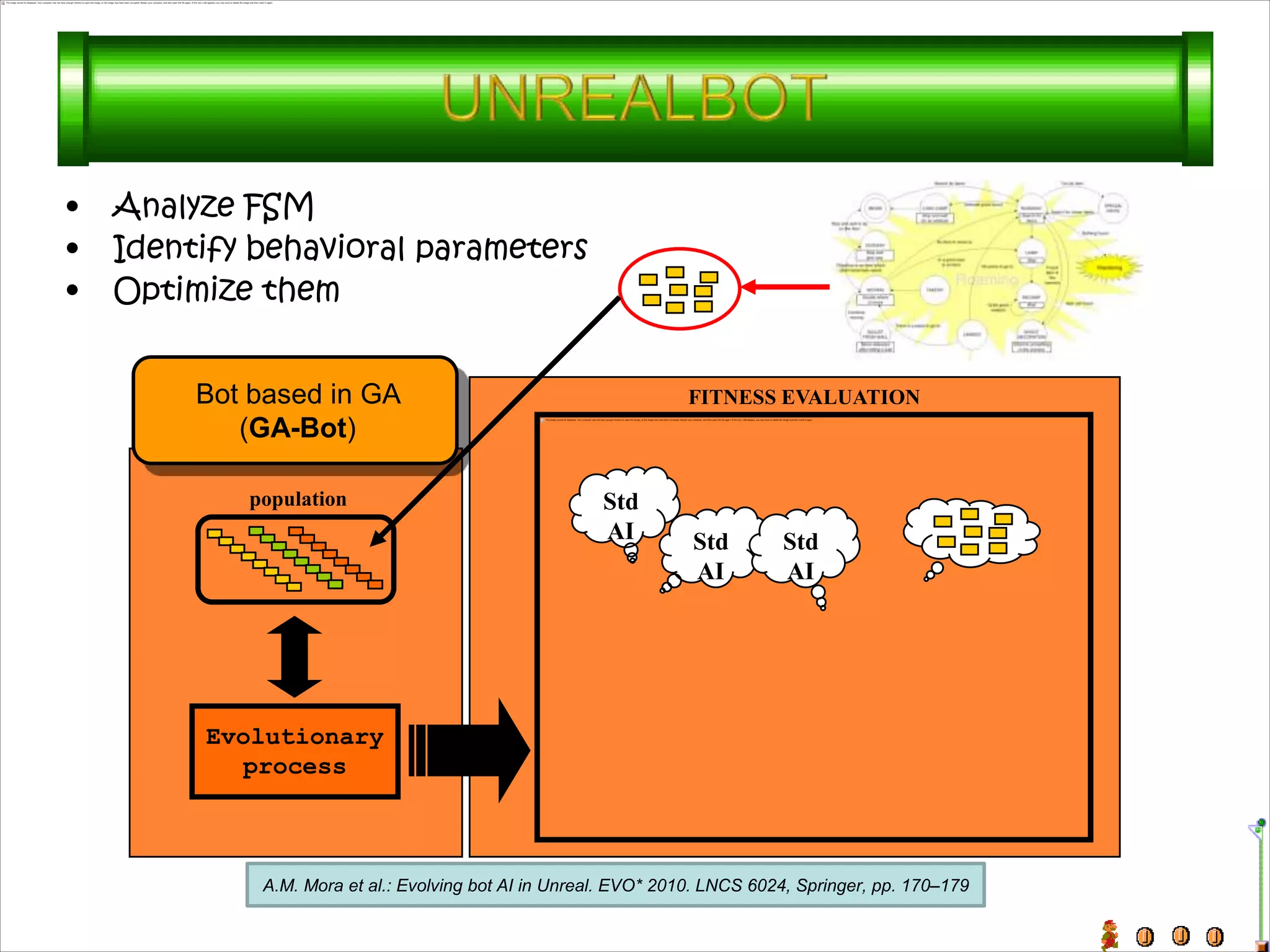 •   Analyze FSM
•   Identify behavioral parameters
•   Optimize them


        Bot based in GA                                           FITNESS EVALUATION
           (GA-Bot)

            population                                 Std
                                                       AI         Std        Std
                                                                  AI         AI




         Evolutionary
           process



             A.M. Mora et al.: Evolving bot AI in Unreal. EVO* 2010. LNCS 6024, Springer, pp. 170–179
 