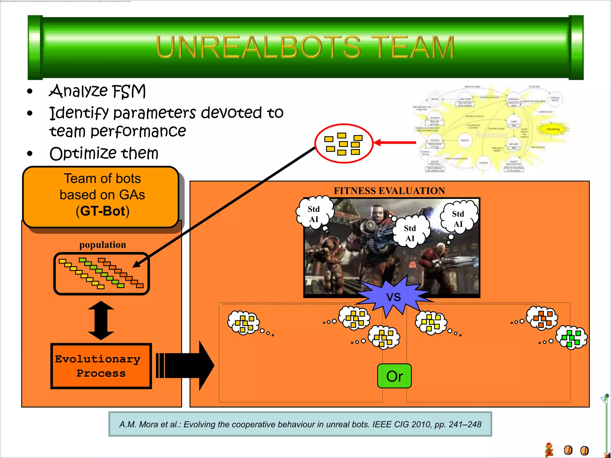 •   Analyze FSM
•   Identify parameters devoted to
    team performance
•   Optimize them
     Team of bots
     based on GAs                                                      FITNESS EVALUATION

       (GT-Bot)                                                 Std
                                                                                                      Std
                                                                AI
                                                                                                      AI
                                                                                         Std
                                                                                         AI
       population




                                                                                    vs



    Evolutionary
       Process                                                                      Or

               A.M. Mora et al.: Evolving the cooperative behaviour in unreal bots. IEEE CIG 2010, pp. 241–248
 