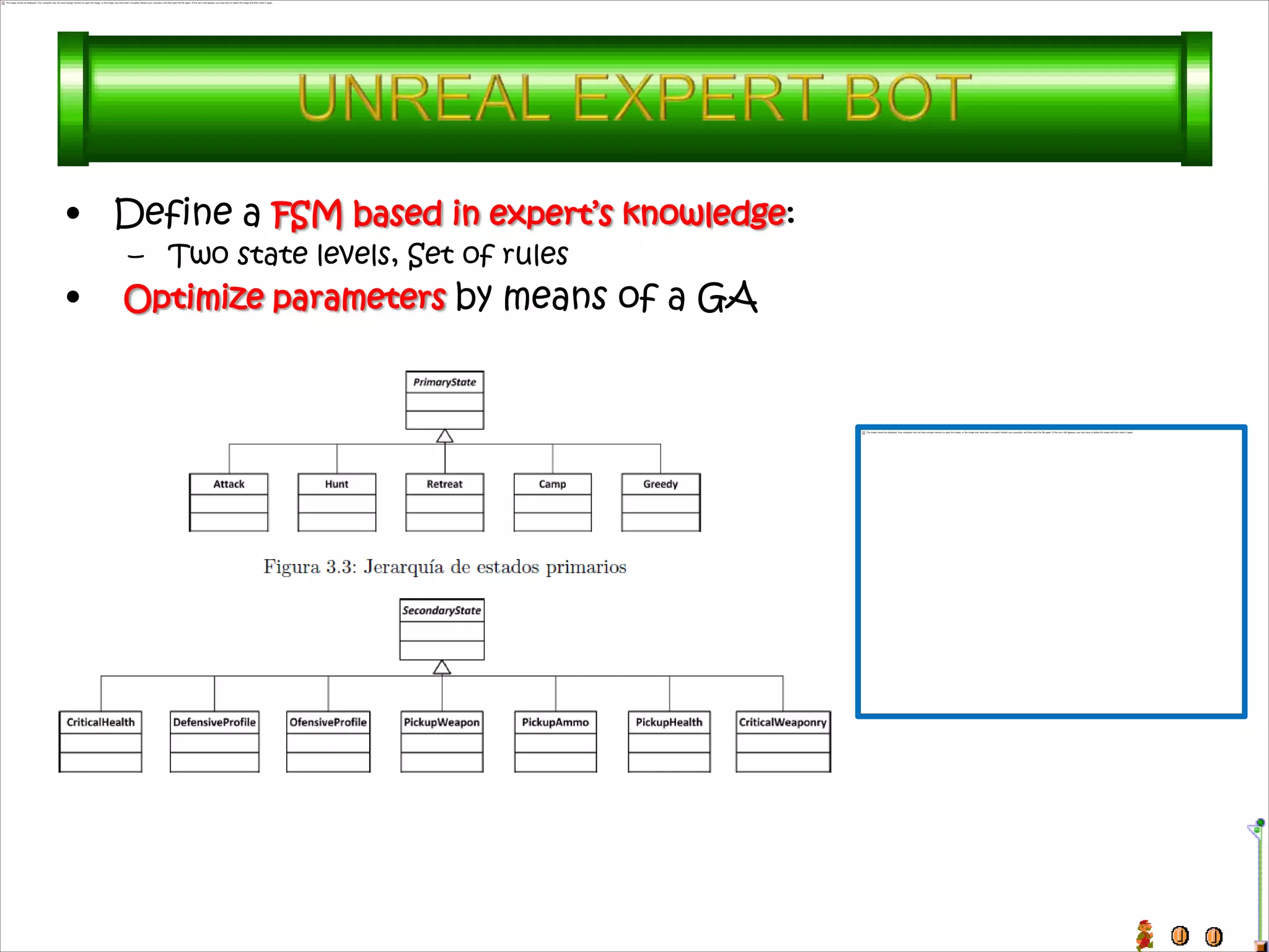 • Define a FSM based in expert’s knowledge:
    – Two state levels, Set of rules
•   Optimize parameters by means of a GA
 