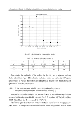 A Comparison of Methods For Selecting Preferred Solutions in Multiobjective Decision Making         35




                            Fig. 2.5 GS for different cluster radius values

                               Table 2.4 Preference threshold matrix P
                        1
                       Js                2
                                        Js                 3
                                                          Js                4
                                                                           Js                  5
                                                                                              Js
        J1           0.9975            0.998           0.9985            0.999            0.9995
        J2            900               800              700              600                 500
        J3             60               50                45               40                 30


    Note that for the application of the method, the DM only has to select the optimum
cluster radius (from Figure 2.5), deﬁne the preference matrix and use the Level Diagrams
representation to evaluate the solutions according to their distance from the ideal solution,
optimal with respect to all objectives.

2.3.1.2 Self-Organizing Maps solution clustering and Data Envelopment
        Analysis solution pruning for decision making support [11]

    Another approach to simplifying the decision making in multiobjective optimization
problems has been introduced in Li, Liao and Coit [11], based on Self Organizing Maps
(SOM) [8] and Data Envelopment Analysis (DEA) [7].
    The Pareto optimal solutions are ﬁrst classiﬁed into several clusters by applying the
SOM method, an unsupervised classiﬁcation method based on a particular artiﬁcial neural
 