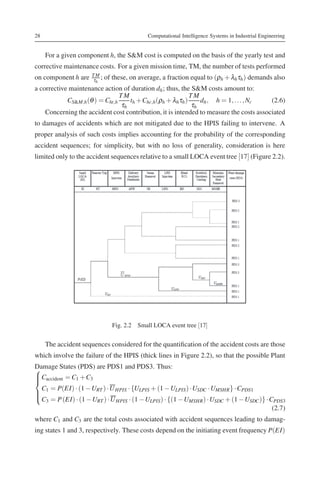 28                                          Computational Intelligence Systems in Industrial Engineering


     For a given component h, the S&M cost is computed on the basis of the yearly test and
corrective maintenance costs. For a given mission time, TM, the number of tests performed
on component h are   TM
                     τh ;   of these, on average, a fraction equal to (ρh + λhτh ) demands also
a corrective maintenance action of duration dh ; thus, the S&M costs amount to:
                                TM                           TM
            CS&M,h (θ ) = Cht,h     th + Chc,h (ρh + λh τh )     dh , h = 1, . . . , Nc (2.6)
                                 τh                           τh
    Concerning the accident cost contribution, it is intended to measure the costs associated
to damages of accidents which are not mitigated due to the HPIS failing to intervene. A
proper analysis of such costs implies accounting for the probability of the corresponding
accident sequences; for simplicity, but with no loss of generality, consideration is here
limited only to the accident sequences relative to a small LOCA event tree [17] (Figure 2.2).




                              Fig. 2.2 Small LOCA event tree [17]


     The accident sequences considered for the quantiﬁcation of the accident costs are those
which involve the failure of the HPIS (thick lines in Figure 2.2), so that the possible Plant
Damage States (PDS) are PDS1 and PDS3. Thus:
⎧
⎪ Caccident = C1 + C3
⎪
⎨
  C = P(EI) · (1 − URT ) ·U HPIS · {ULPIS + (1 − ULPIS ) ·USDC ·UMSHR } ·CPDS1
⎪ 1
⎪
⎩ C = P (EI) · (1 − U ) ·U
   3                  RT    HPIS · (1 − ULPIS ) · {(1 − UMSHR ) ·USDC + (1 − USDC )} ·CPDS3
                                                                                       (2.7)
where C1 and C3 are the total costs associated with accident sequences leading to damag-
ing states 1 and 3, respectively. These costs depend on the initiating event frequency P(EI)
 