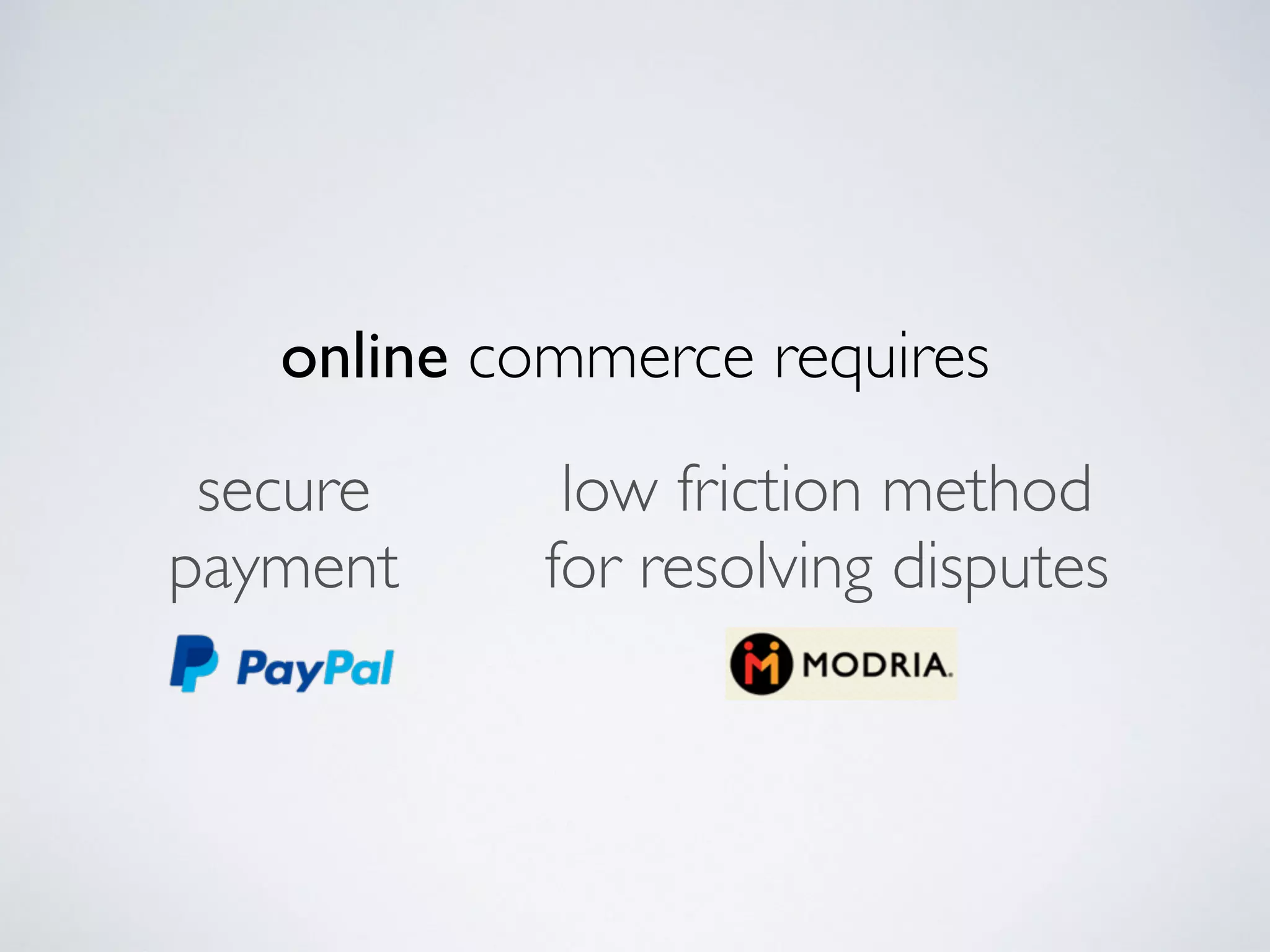 online commerce requires
low friction method
for resolving disputes
secure
payment
 