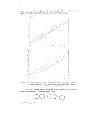 624 
Table A-4-3 
Physical characteristics of homopolymers* 
Copolymer 
Van-der-Waals volume, 
Å ρ, g/cm3 n Cσ, B Tg, K Td, K 
1 125 
1.09 
1.12;1.08 
− 
1.50 
− 
15.5 
298 
273;268 
563 
627 
2 148 
1.04 
1.09;1.03 
− 
1.50 
− 
21.6 
237 
247;243 
573 
627 
3 143 
1.04 
1.09;1.04 
− 
1.50 
− 
21.3 
233 
258;255 
570 
627 
4 158 
1.02 
1.08;1.02 
− 
1.50 
− 
25.2 
240 
244;240 
610 
627 
5 139 
1.06 
1.10;1.04 
− 
1.50 
− 
21.0 
243 
252;247 
570 
627 
Notes: 1. * Indicated in the numerator are experimental values, and in the denominator – calculated 
ones; for density ρ, the first value is obtained from equation (II.7), and the second – from equation (A- 
4-2); for Tg, the first value is calculated by equation (IV.55), and the second – by correlation (IV.57), 
using experimental values of Tg for homopolymers. 
2. ρ is the density; n is the refractive index; Cσ is the stress-optical coefficient; Tg is the glass transition 
temperature; Td is the onset temperature of intense thermal degradation. 
For all copolymers, the refractive index n is approximately the same, and is 
associated with the close values of the refractive index for all homopolymers, 
mentioned above. The stress-optical coefficient is also almost identical for all 
copolymers, excluding the copolymer 1 with increased concentration of MMA units 
possessing a negative value of Cσ. 
The glass transition temperature of copolymers indicated in Table A-4-3 is 
calculated by equations (IV.55) and (IV.57). The former requires no understanding of 
experimental values of the glass transition temperature of homopolymers, and the 
latter uses these values. By and large good coincidence of calculated and experimental 
values of Td is observed. In most cases, when experimental values of Tg for 
homopolymers are used and substituted to equation (IV.57), correspondence of the 
calculation to the experiment becomes somewhat better. As for temperature of the 
onset of rapid thermal degradation Td, good coincidence is observed for the 
copolymer 4, for which the error is 2.7%. For other copolymers, the calculated values 
deviated from the experimental ones for this characteristic by 50° to higher values 
which gives 8%. This phenomenon has not as yet been explained. It should be taken 
into account only that the characteristic such as the dependence of the temperature of 
the onset of intense thermal degradation on the presence of admixtures and other 
reasons is stronger. The calculated values of this characteristic are determined for the 
ideal polymeric system. 
Hence, the possibility of predicting various characteristics of multi-component 
copolymers is obvious. Therewith, the approach used does not require any 
experimentally determined values. The prognosis is performed on the basis of only 
the chemical structure of the multi-component copolymer. 
 