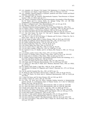 654 
suspension is formed, drying of which leads to a typically granulated (globular) 
structure, because the precipitator solvates ester groups, but causes a collapse of non-polar 
backbone of the chains. In contrast, saturated hydrocarbons as precipitators lead 
to the formation of a continuous gel, because they precipitate, in the strict sense, only 
polar groups, but not the backbone. External fields and the regularity of chains (as 
well as the absolute values of the size of the repeat unit) contribute to the kinetics of 
structure formation. 
Following the results from ref. [94], the special attention in this Appendix will 
be paid to the thermodynamic aspect of the problem of formation of super-molecular 
structure proceeding at casting of a polymeric substance from solution. 
Performed in ref. [255] are calculations on the determination of sizes of super-structures 
appearing in block-copolymers. Analogous types of elements of super-molecular 
structure may also be observed in homopolymers (according to technology 
in ref. [255], lamellar; fibrillar, appropriate to the cylindrical one; globular, 
appropriate to the spherical one). Let indicate that the original physical assumptions 
used in calculating the size of super-structures in block-copolymers are maintained at 
formation of the super-molecular structure according to the scheme discussed in ref. 
[92]. That is why correlations from ref. [255], appropriately corrected, may be applied 
to the determination of the size of elements of the super-molecular structure. In spite 
of ref. [255], discussed below are super-molecular structures in the amorphous state of 
the homopolymer. 
The physical base of structure formation in block-copolymers is immiscibility 
of blocks, their tendency to segregation. Therewith, morphology is determined by the 
ratio of the molecular mass of blocks. In the case of forming a super-molecular 
structure in homopolymers, it is based on super-macromolecules, formed from 
globules – macromolecules existing below the coil – globule transition temperature2, 
Tcr [92]. Below Tcr, the polymer and the solvent become immiscible, and segregation 
appears (the globule presses out the solvent). We are interested in the result of 
segregation at decrease of the solvent concentration, as well as in the influence of the 
molecular mass on the results obtained. 
When determining sizes of elements of the super-molecular structure, let 
consider the final stage of appearance of the super-molecular structure, when the 
concentration (volumetric part) of the solvent, cs ~ 0, and the concentration of 
supermolecules, csm ~ 1. Let us consider a change of the conformational free energy 
of the supermolecule of the α-type, ΔFα, where α = 1 in the case of the lamellar 
structure, α = 2 in the case of the fibrillar structure, and α = 3 in the case of the 
globular structure. According to ref. [255], let us confine ourselves to two summands 
and write down that 
ΔFα = ΔFα,s + ΔFα,e, (A-6-7) 
R 
2 
sm 
3 α ; 2 
where ΔFα,e is the elastic component of the free energy; ΔFα,e = kT 
H 
2 
2 
Hsm is 
the mean square distance between ends of the super-macromolecule placed into the 
medium of the same super-macromolecules with concentration csm; 2 
Hsm = l2M/m at 
csm ~ 1 according to ref. [256], where M is the molecular mass of the 
2 In ref. [244], such super-macromolecules were named ‘nails’ consisting of many twisted globules – 
macromolecules. 
 