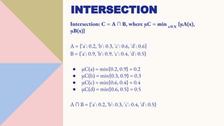 Intersection: C = A ∩ B, where µC = min x∈X
{µA(x),
µB(x)}
A = {'a': 0.2, 'b': 0.3, 'c': 0.6, 'd': 0.6}
B = {'a': 0.9, 'b': 0.9, 'c': 0.4, 'd': 0.5}
● µC(a) = min{0.2, 0.9} = 0.2
● µC(b) = min{0.3, 0.9} = 0.3
● µC(c) = min{0.6, 0.4} = 0.4
● µC(d) = min{0.6, 0.5} = 0.5
A ∩ B = {'a': 0.2, 'b': 0.3, 'c': 0.4, 'd': 0.5}
INTERSECTION
 