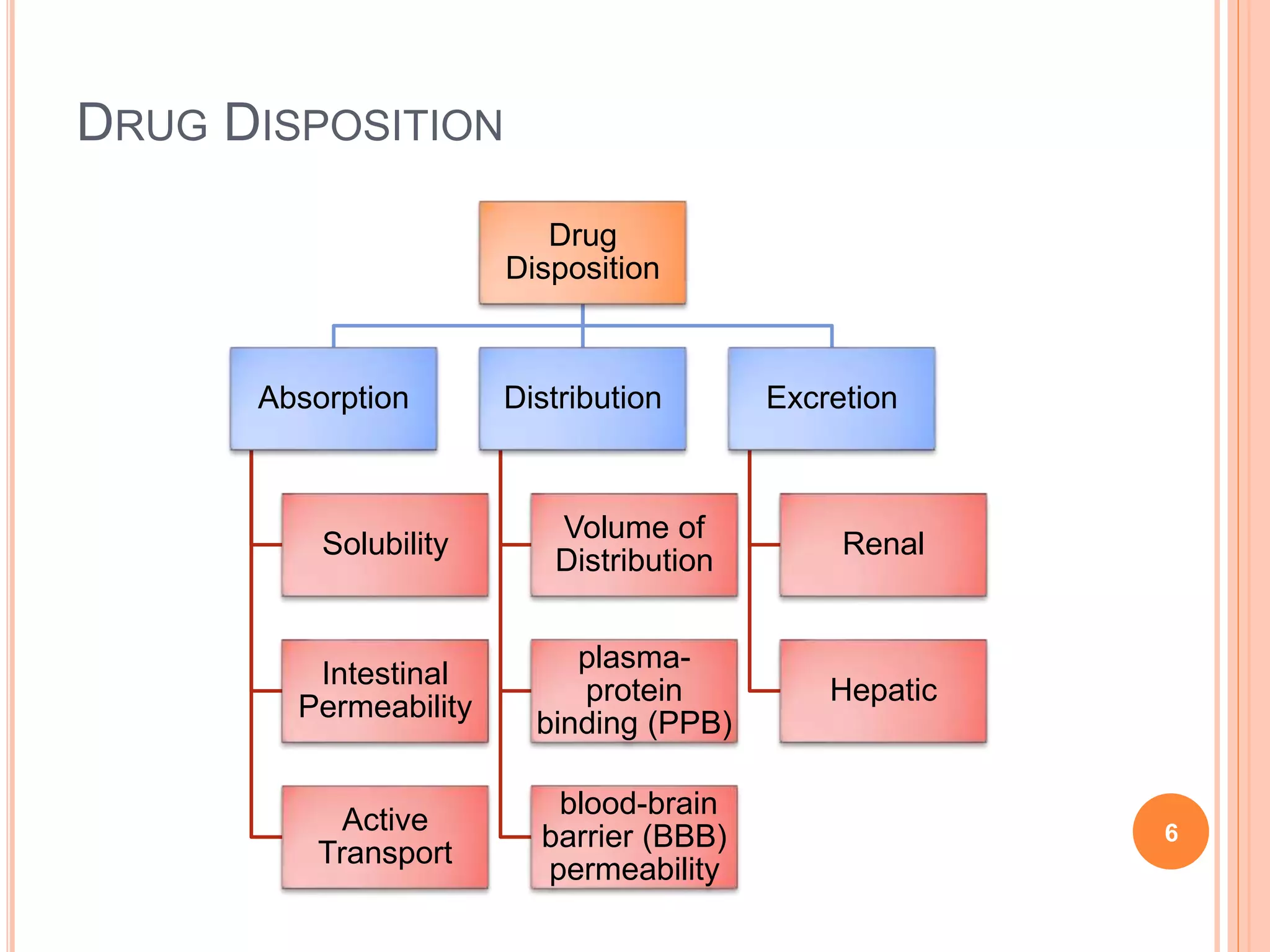 DRUG DISPOSITION
Drug
Disposition
Absorption
Solubility
Intestinal
Permeability
Active
Transport
Distribution
Volume of
Distribution
plasma-
protein
binding (PPB)
blood-brain
barrier (BBB)
permeability
Excretion
Renal
Hepatic
6
 