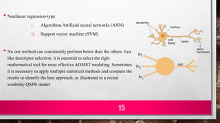 • Nonlinear regression-type
i. Algorithms Artificial neural networks (ANN)
ii. Support vector machine (SVM)
• No one method can consistently perform better than the others. Just
like descriptor selection, it is essential to select the right
mathematical tool for most effective ADMET modeling. Sometimes
it is necessary to apply multiple statistical methods and compare the
results to identify the best approach, as illustrated in a recent
solubility QSPR model
15
 